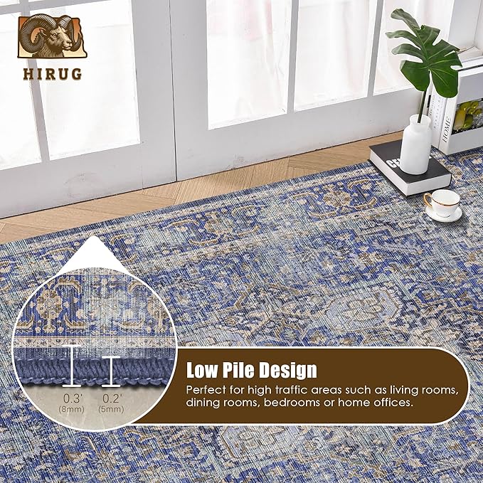 Washable Area Rug 6' x 9' Vintage Traditional Persian Mat - Foldable Distressed Non-Slip Machine Washable Carpet for Living Room Bedroom Kitchen Home Decor - Indigo and Gold