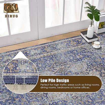 Washable Area Rug 6' x 9' Vintage Traditional Persian Mat - Foldable Distressed Non-Slip Machine Washable Carpet for Living Room Bedroom Kitchen Home Decor - Indigo and Gold