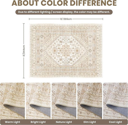 zesthome 8x12 Area Rugs,Stain Resistant Washable Rug,Ultra-Thin Rugs for Living Room,Bedroom,Non-Slip Backing Home Decor Large Area Rug (Cream/Beige,8'x12')