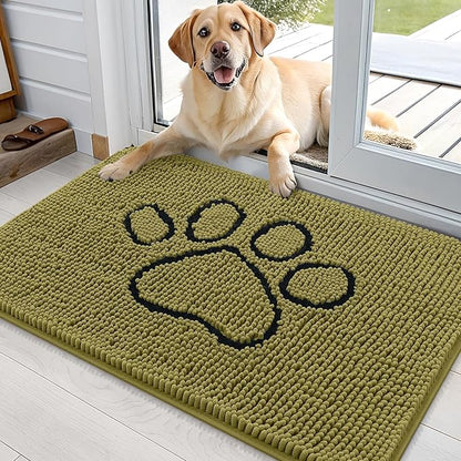 OLANLY Dog Door Mat for Muddy Paws 36x24, Paw Print Design, Absorbs Moisture and Dirt, Non-Slip Washable Doormat, Quick Dry Chenille Mud Mat for Dogs, Entry Indoor Entryway Carpet, Willow Green
