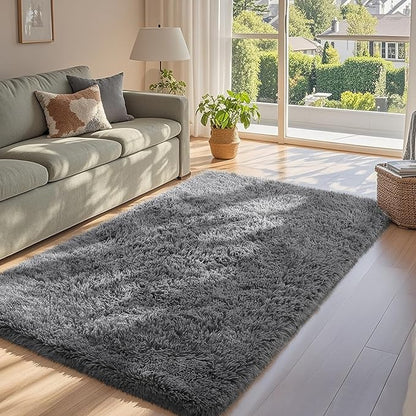 Ophanie 3x5 Rug, Dorm Bedside Preppy Area Rug, College Essentials Non Slip Grey Small Carpets for Bedroom, Anti Slip Fluffy Gray Living Room Rugs Home Decor Aesthetic, Nursery