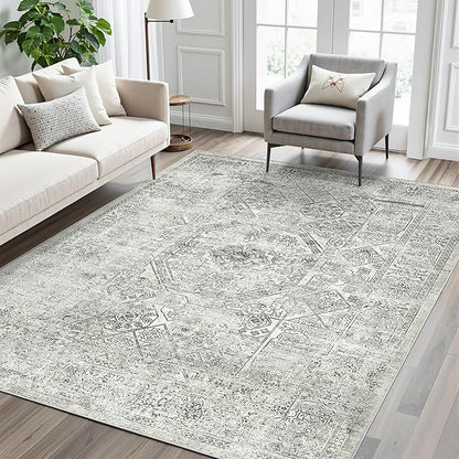 Soalmost 6x9 Area Rug for Living Room Floral Washable Non-Slip Gray Rugs for Bedroom Dinning Room Ultra-Thin Indoor Grey Rug