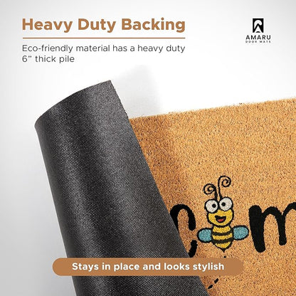 Bee - 17"x29" - Coir Door Mat with Heavy Duty Backing - Welcome Mats for Entryway, Porch - Anti-Slip PVC & Coconut Fiber Surface - Natural Home Accessories, Minimalist Original Design