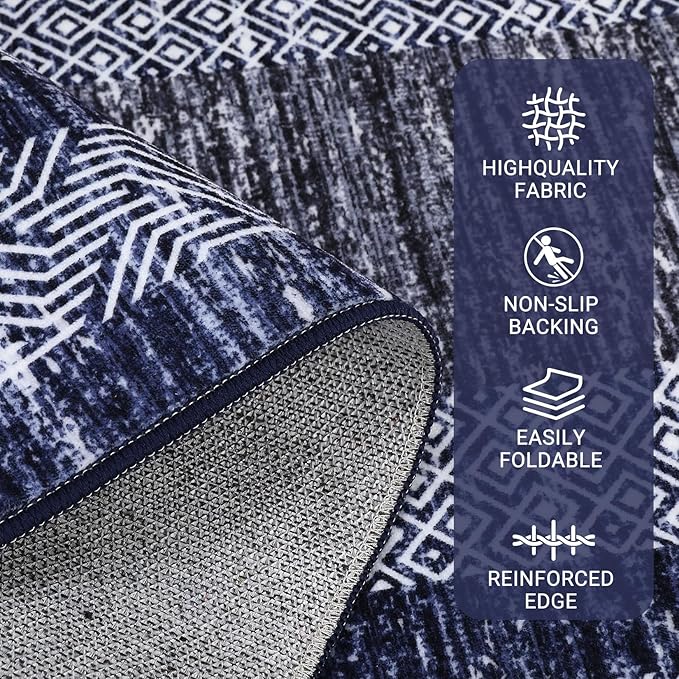 GarveeHome Modern Geometric Area Rug 4x6 Distressed Bordered Washable Non Slip Floor Carpet Non Shedding Thin Soft Low Pile Contemporary Navy Blue Rug for Dining Room, Living Room