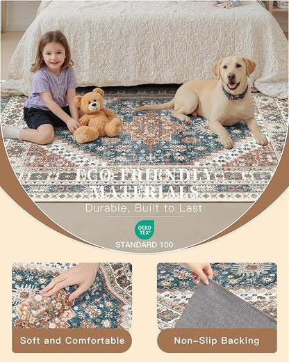 Madane Runner Rug 2'6''x8' Kitchen Runner, Hallway Runner Printed Vintage Washable Rugs Soft Non-Slip Low Pile 2.5x8 ft Runners for Hallways Laundry Room Rug Distressed Rug, Navy Blue