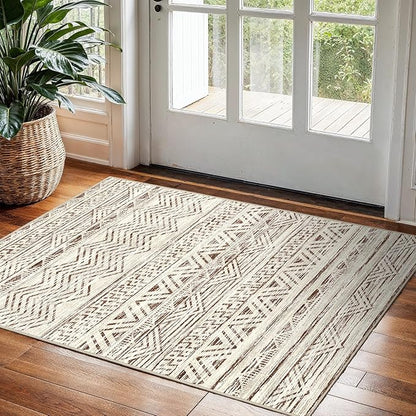 2x3 Washable Entryway Area Rug: Moroccan Small Runner Rug for Hallway Soft Modern Non Slip Door Mat with Rubber Backing Low Pile Thin Floor Carpet for Kitchen Bathroom Bedroom Indoor(Beige,2x3)