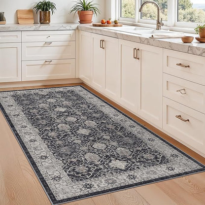 Washable 3x5 Entryway Area Rugs: Ultra Soft Low Pile Carpet for Kitchen Nursery Indoor Light-Weight Doormat Anti-Slip Cozy Rug for Living Room Bedroom Small Vintage Floor Mat Home Decor(3x5,Black)