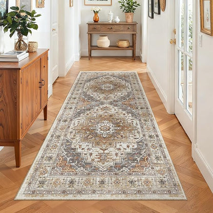 Madane Hallway Runner Rug 3x6 - Washable Kitchen Rugs Entryway Rug Runner Vintage Soft Floor Mat Non Slip Indoor Farmhouse Carpet for Bathroom Living Room Bedroom (3 X 6, Turmeric/Grey)