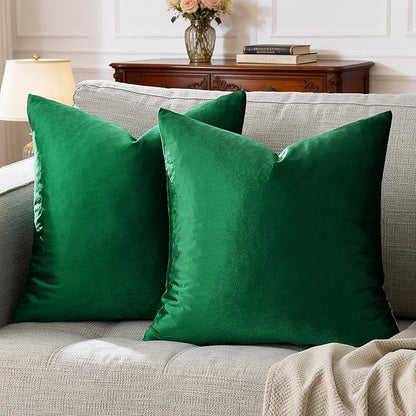 GIGIZAZA Decorative Throw Pillow Covers 18 x 18, Set of 2 Forest Green Soft Pillow Covers Velvet,Christmas Decor Square Cushion Covers