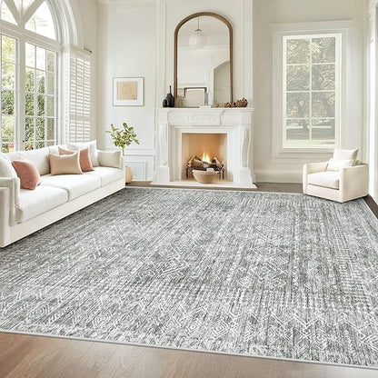 Living Room Rugs 8x10: Washable Moroccan Geometric Boho Rug Farmhouse Non Slip Stain Resistant Large Rug Low Pile Soft Carpet for Bedroom Dining Room Children Room (Grey,8'x10')