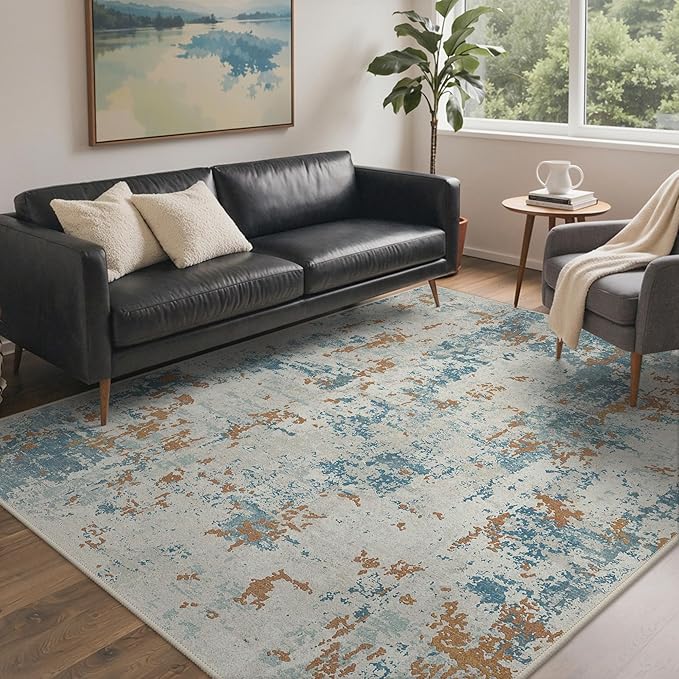 Area Rugs 8x10 for Living Room Bedroom, Modern Abstract Machine Washable Rug, Large Soft Low Pile Floor Carpet with Non Slip Backing for Dining Room, Teal and Terracotta