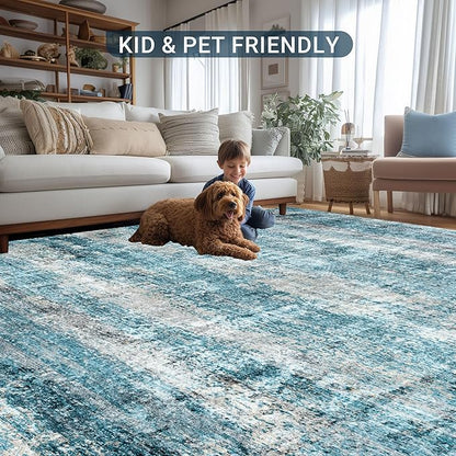LEPEII 5x7 Area Rugs, Abstract Rugs for Living Room, Indoor Non-Slip Washable Rug for Bedroom, Dining Room, Low Pile Home Decor Neutral Area Rug-Blue