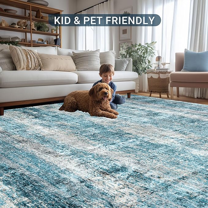 LEPEII 8x10 Area Rugs, Machine Washable Low Pile Rugs for Living Room, Modern Abstract Area Rugs for Bedroom, Large Area Rug with Non-Slip Backing for Dining Room-Blue