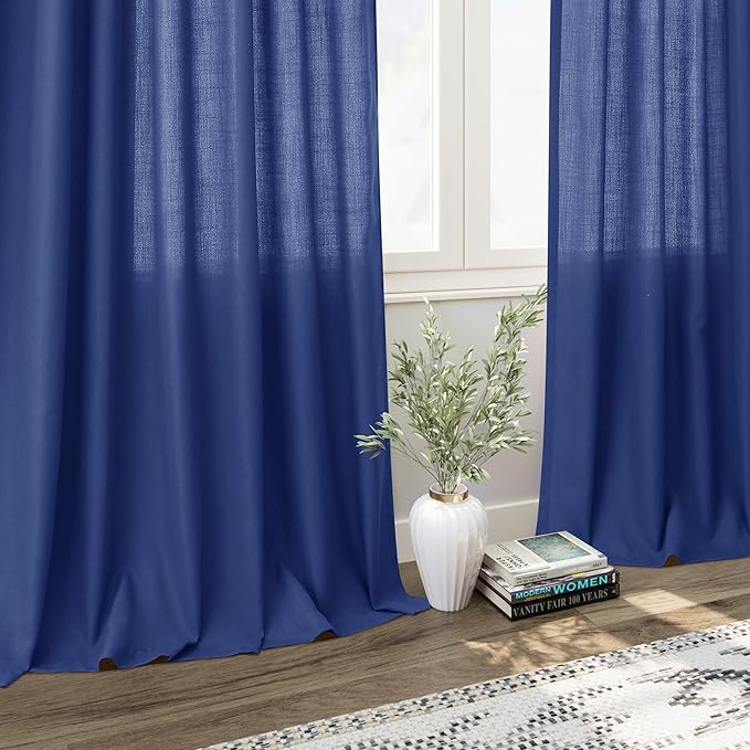Extra Long Classic Blue Linen Curtains 120 Inch for Living Room 2 Panels Set Rod Pocket Back Tab Light Filtering Semi Sheer Linen Window Drapes Privacy High Ceiling Drapes for Farmhouse 52x120