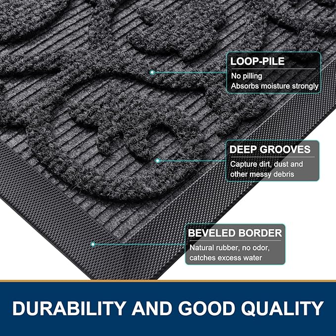 Smiry Welcome Door Mat Outside Entrance, Heavy Duty Trap Dirt and Moisture Easy Clean Low Profile Patio Porch Indoor Outdoor Front Doormat for Entry, 35x23 Inch, Grey