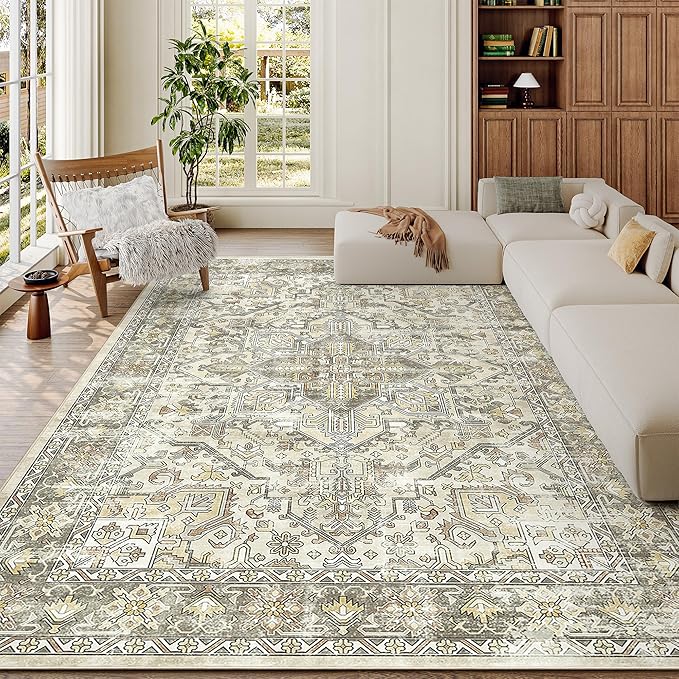 zesthome 5x7 Area Rugs - Ultra-Thin Washble Rug, Stain Resistant Anti Slip Backing Rugs for Living Room,Bedroom, Vintage Home Decor Area Rug (Beige/Brown,5'x7')
