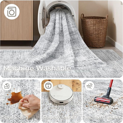 3x18 Washable Runner Rug for Hallway, Non-Slip Long Hallway Runner for Entryway, Soft Vintage Kitchen Mats for Floor, Abstract Dining Room, Bedroom, Living Room Rugs(3'x18', Grey/Ivory)
