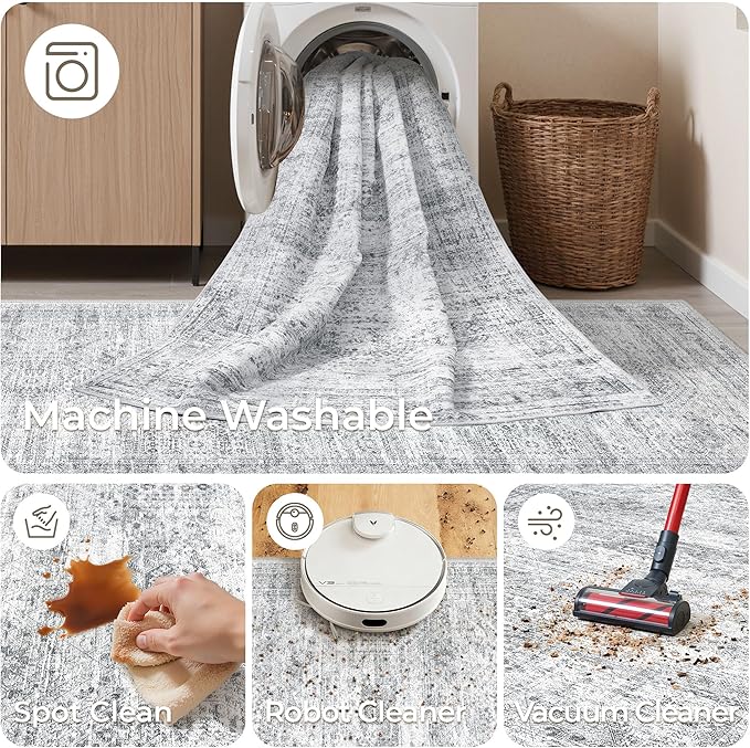 Washable Runner Rug 2.5x16, Non-Slip Long Hallway Runner for Entryway, Soft Vintage Kitchen Mats for Floor, Abstract Dining Room, Bedroom, Living Room Rugs(2.5'x16', Grey/Ivory)