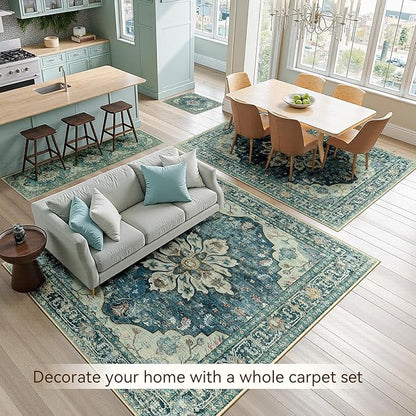Area Rugs 4'x6' Washable Non-Slip, Floral Vintage Distress Print Pattern Medallion Carpet for Living Room Bedroom Dining Room, Dark Blue Vintage
