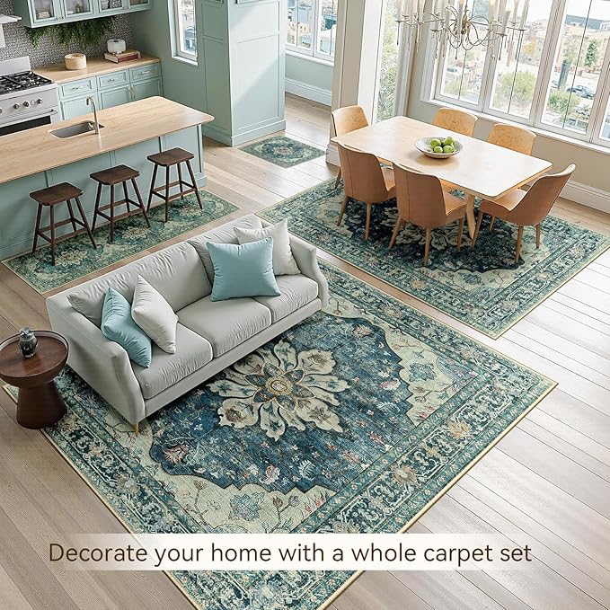 RELEANY Area Rugs 6'x9' Washable Non-Slip, Floral Vintage Distress Print Pattern Medallion Carpet for Living Room Bedroom Dining Room, Dark Blue Vintage