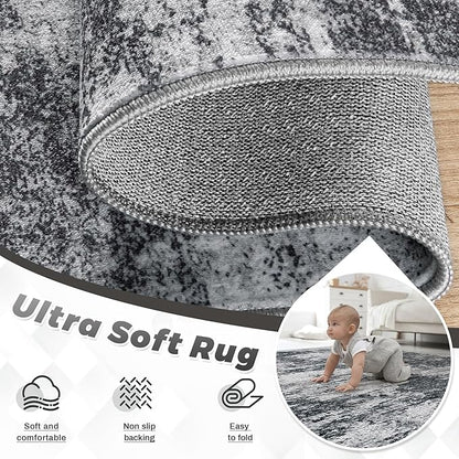 Area Rugs 6x9 for Living Room: Washable Rug Modern Abstract Neutral Soft Non-Slip Low-Pile Indoor Carpet for Bedroom Dining Room Playroom Home Office (Black Grey, 6'x9')