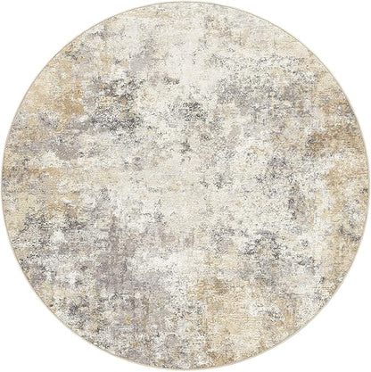 UERMEI 8ft Round Area Rug Living Room Rugs - 8x8 Washable Neutral Modern Abstract Soft Thin Rug Indoor Floor No Slip Rug Carpet for Bedroom Under Dining Table Home Office Decor - Golden Grey
