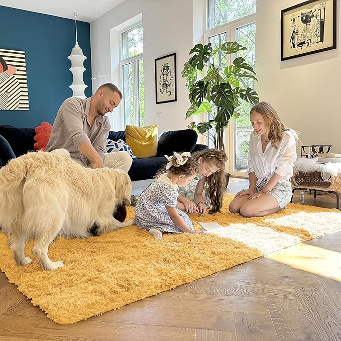 OLANLY 2x6 Machine Washable Runner Rugs for Hallway, Soft Fluffy Shaggy Bedside Rugs for Bedroom, Living Room, Indoor Floor Carpet for Kids Girls and Boys, Home Decor Aesthetic, Mustard Yellow