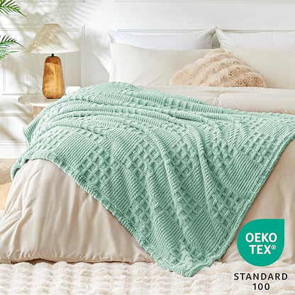EXQ Home Fleece Throw Blanket for Couch or Bed - 3D Waffle Patchwork Pattern Jacquard Decorative Blankets - Cozy Soft Fuzzy Flannel Blanket Suitable for All Seasons(50"×60",Sage Green)