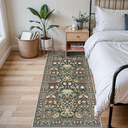 3x6 Washable Hallway Area Rugs: Vintage Floral Entryway Kitchen Runner Rug Ultra Soft Anti-Slip Beside Carpet Indoor Farmhouse Floor Mat for Bathroom Living Room Bedroom Durable Doormat(3x6,Green)