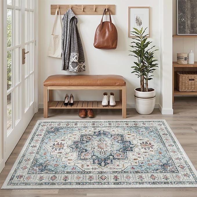 Madane Area Rug 4x6 Washable Rugs: Vintage Living Room Rug Soft Low Pile Non Slip Area Rugs Distressed Indoor Floor Carpet for Bedroom Kitchen Dining Room Home Decor, Blue