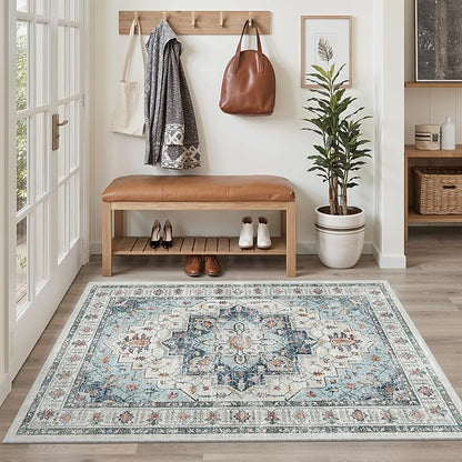 Madane Area Rug 4x6 Washable Rugs: Vintage Living Room Rug Soft Low Pile Non Slip Area Rugs Distressed Indoor Floor Carpet for Bedroom Kitchen Dining Room Home Decor, Blue