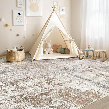 Area Rug Living Room Rugs - Washable Neutral Modern Abstract Soft Thin Rug Indoor Floor No Slip Rug Carpet for Bedroom Under Dining Table Home Office Decor - Brown/Grey/Red - 6x9