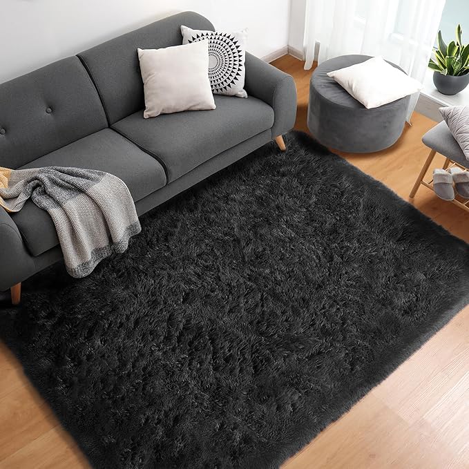 ONASAR Black Rugs for Bedroom, 3x5 Fluffy Bedside Small Area Rug, Soft Plush Fuzzy Shaggy Indoor Floor Carpet for Living Room Nursery College Dorm Teen Kids Girls Boys Home Decor Aesthetic
