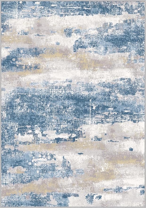 Area Rugs 10x14 for Living Room Bedroom, Modern Abstract Machine Washable Large Blue Cream Rug, Soft Low Pile Floor Carpet with Non Slip Backing for Dining Room