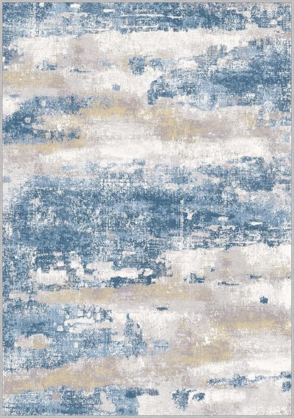 Area Rugs 10x14 for Living Room Bedroom, Modern Abstract Machine Washable Large Blue Cream Rug, Soft Low Pile Floor Carpet with Non Slip Backing for Dining Room