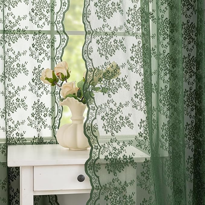 YJ YANJUN Vintage Lace Curtains 90 Inches Long-Victorian Floral Pattern Dark Green Sheer Curtain Panels for Ding Room Bedroom,Light Filtering, Retro Boho Neutral Aesthetic Decor 2 Panels 52W x 90L