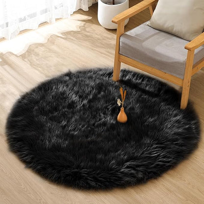 ORINOVA Black Fluffy Faux Fur Rug for Living Room Shag Circle Washable Area Rugs for Bedroom Round Rug 4ft Cute Room Décor