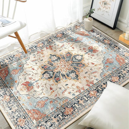 RELEANY Area Rugs 3'x5' Washable Non-Slip, Floral Vintage Distress Print Pattern Medallion Carpet for Living Room Bedroom Dining Room, Beige Navy Blue Orange Colorful