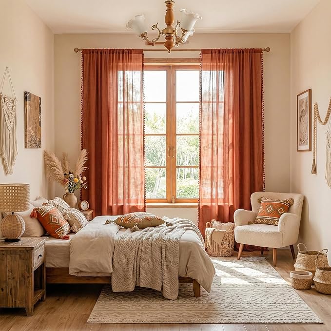 MYSKY HOME Semi Sheer Short Macrame Curtains for Window Treatment,Bohemian Country Home Decor Light Filtering Privacy Protect Back Tab Drapes，50" W×63" L, Terracotta, 2 Pieces