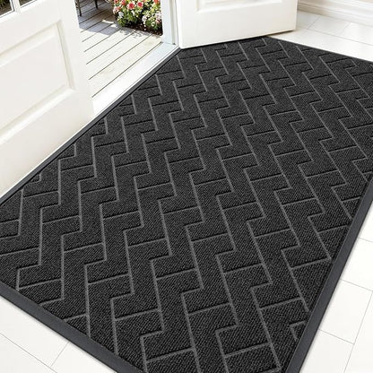 OLANLY Front Door Mat Indoor Outdoor Entrance, Waterproof All-Season, All-Weather Doormat, Sturdy Natural Rubber, Low Profile, Easy Clean Patio Porch Entryway Mat, Herringbone Brick (Black, 59x35)