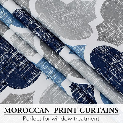 Beauoop 100% Blackout Curtains 96 Inches Long 2 Panels for Bedroom Living Room Blue Grey Moroccan Geo Room Darkening Thermal Insulated Soundproof Grommet Top Window Treatments Drapes, 50x96 Set of 2