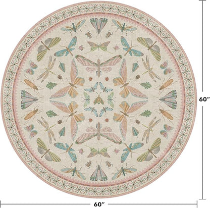 Insect Pink and Blue 5ft Round Area Rug for Living Room - Washable Floral Fun Boho Rugs for Playroom, Girls Bedroom Décor with Butterfly Pattern - Low Pile Soft Circle Carpet