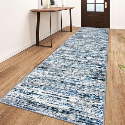 Lansny Modern Abstract Runner Rug 3x10, Grey Blue White Washable Kitchen Runner Non-Slip Soft Hallway Rug Runner Thin Print Faux Wool Carpet for Entryway Bedroom Laundry Room Indoor Home Office Decor