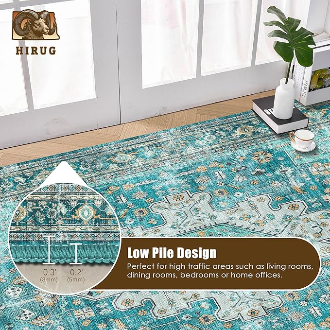 Washable Area Rug 3' x 5 ' Vintage Traditional Persian Mat - Foldable Distressed Non-Slip Machine Washable Carpet for Living Room Bedroom Kitchen Home Decor - Teal and Gold