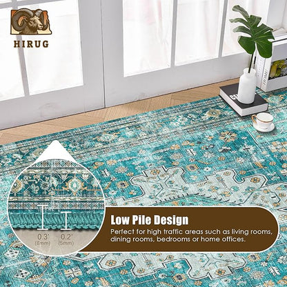 Washable Area Rug 9' x 12' Vintage Traditional Persian Mat - Foldable Distressed Non-Slip Machine Washable Carpet for Living Room Bedroom Kitchen Home Decor - Teal and Gold