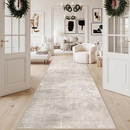 Hallway 4x10 Washable Runner Rug:Stain Resistant Abstract Rug for Kitchen Entryway Farmhouse Soft Carpet for Bathroom Bedroom Thin Laudry Living Room Floor Mat with Non Slip Backing(4x10,Beige/Cream)