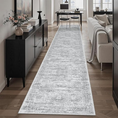 Runner Rug 2x12 Washable Non-Slip Hallway Runner Rugs for Kitchen Bathroom Laundry Room Grey Vintage Floor Carpet Runners for Hallways Entryway