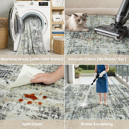 8x10 Area Rugs for Living Room Washable Rug: Anti-Skid Abstract Modern Living Room Rug Soft Thin Carpets Indoor Floor Non-Shedding Carpet for Bedroom Dining Farmhouse Nursery Black Gray Gold