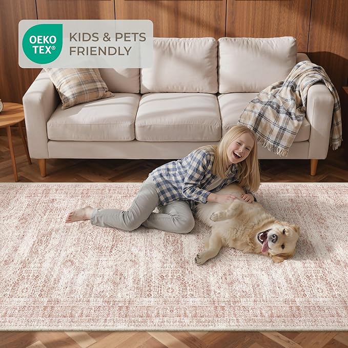Rug Runners for Hallways Non Slip - 2x8 Runner Rug for Bedroom, Washable Runner with Rubber Backing, Soft Low-Pile Carpet for Kitchen, Laundry, Bathroom (2'x8', Pink/Ivory)