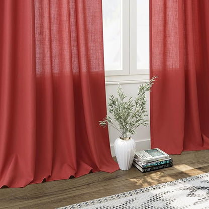 Christmas Red Linen Curtains 102 Inches Long for Living Room Light Filtering Semi Sheer Curtain Back Tab Vintage Rustic Luxury Home Decor Floor to Ceiling Neutral Drapes for Bedroom 52x102, 2 Panels